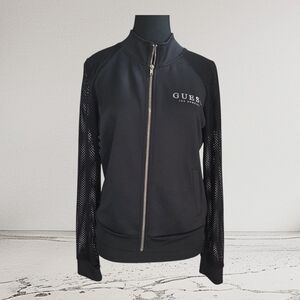 GUESS Black Mesh Sleeve Bomber Jacket Size Med